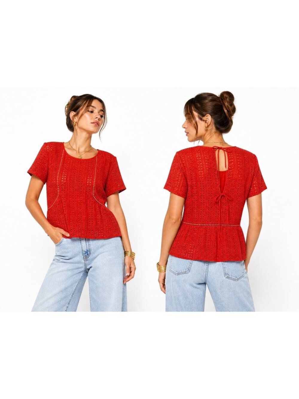 SEZANE CLEO BLOUSE short sleeve orange 40 US M eyelet cotton boho casual summer